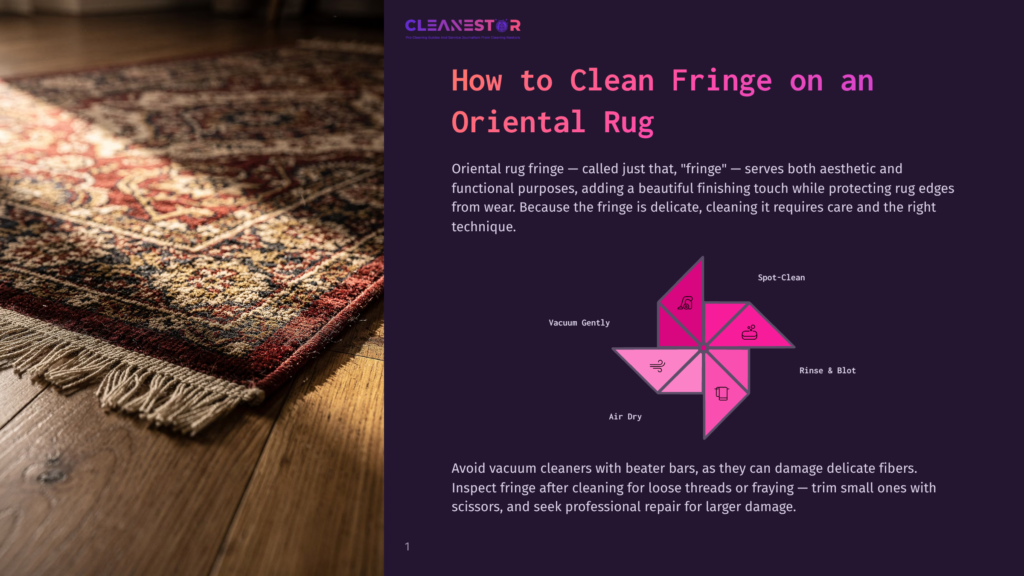 Close-Up Of The Tasseled Fringe Of A Vintage Oriental Rug On A Wooden Floor, Bathed In Warm Sunlight, With Text &Quot;How To Clean Fringe On An Oriental Rug&Quot; Overlayed.