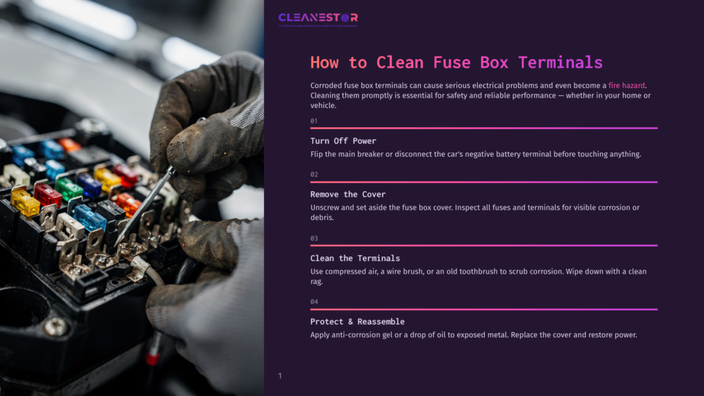 1 How To Clean Fuse Box Terminals 1 Close-Up Of A Person Wearing Work Gloves Cleaning Car Fuse Box Terminals With A Wire Brush. The Fuse Box Contains Colorful Fuses.