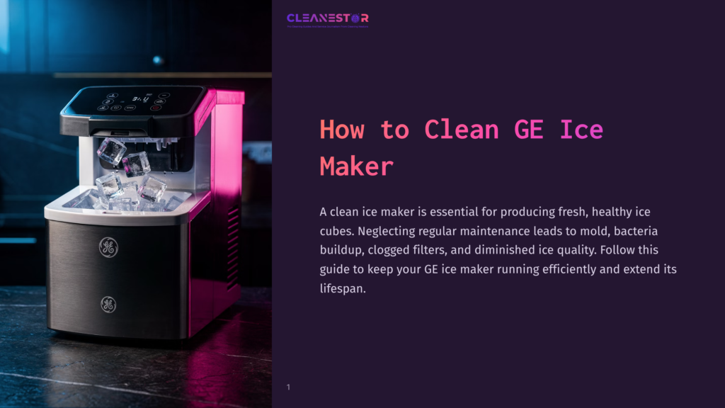 Ge Ice Maker With Fresh Ice And A Black And Pink Exterior On A Dark Background With An Overlaying Text &Quot;How To Clean Ge Ice Maker.