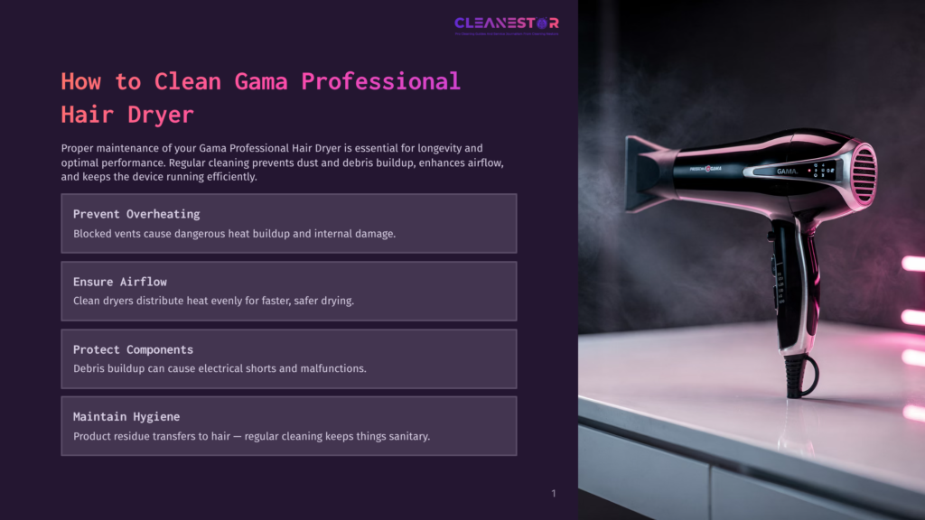 A Sleek Black And Pink Gama Professional Hair Dryer Sitting On A White Countertop With A Dark Background. The Dryer Is Emitting A Gentle Mist, Emphasizing Its Functionality And Design.
