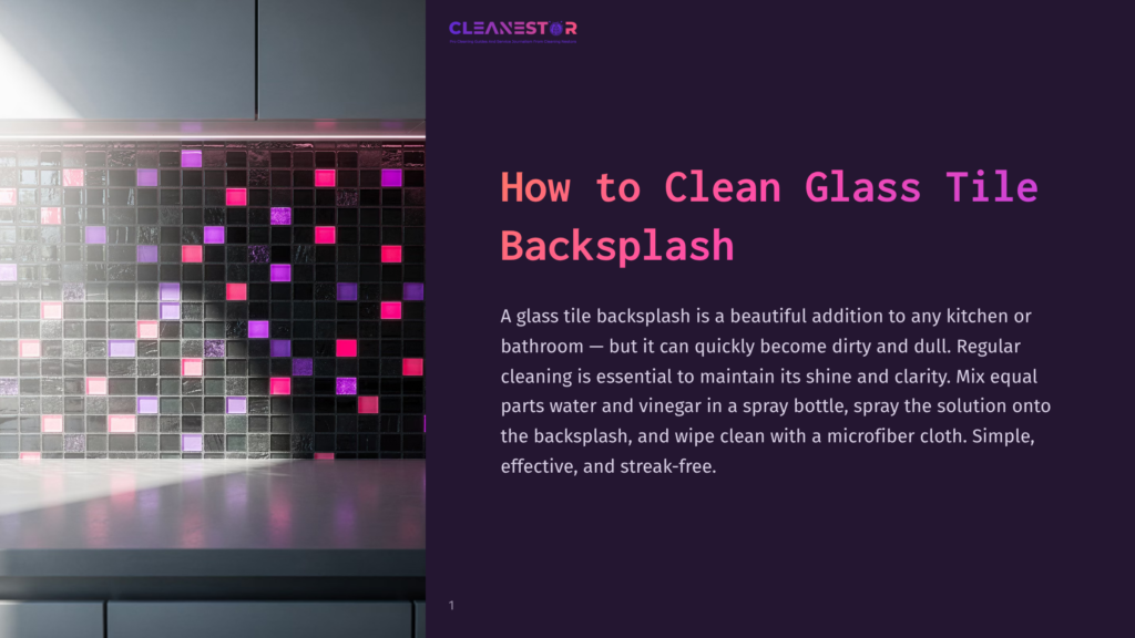 A Kitchen Backsplash Adorned With Vibrant Pink, Black, And Purple Square Tiles, Reflecting Light From An Unseen Source. The Tiles Are Arranged In A Geometric Pattern That Adds Visual Interest To The Space. A Watermark Reading &Quot;Cleanesto&Quot; Appears In The Upper Left Corner.