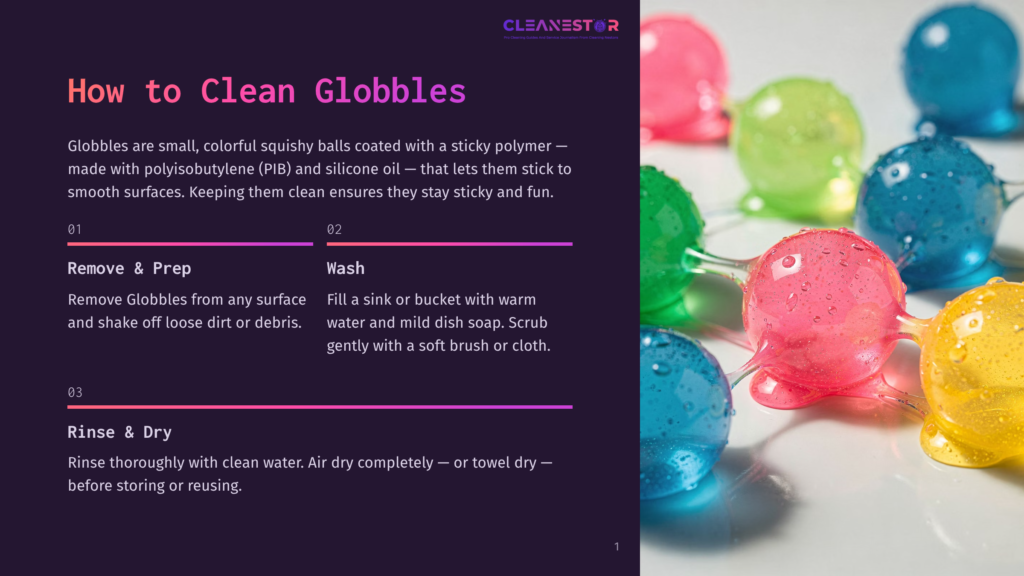 Close-Up Of Colorful, Squishy Globbles With Sticky Polymer Coating, Some Wet And Glistening, On A White Surface. Text Overlay Provides Cleaning Instructions For &Quot;How To Clean Globbles&Quot;.