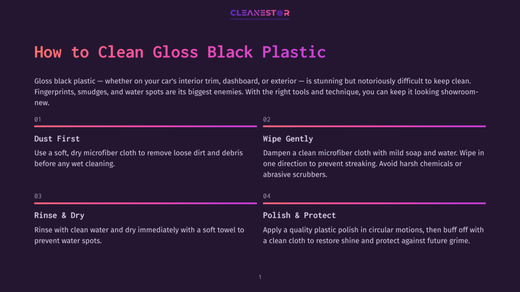 1 How To Clean Gloss Black Plastic Infographic Titled &Quot;How To Clean Gloss Black Plastic&Quot; With Four Steps: Dust First, Wipe Gently, Rinse &Amp; Dry, And Polish &Amp; Protect, Featuring Purple And Pink Gradient Accents.