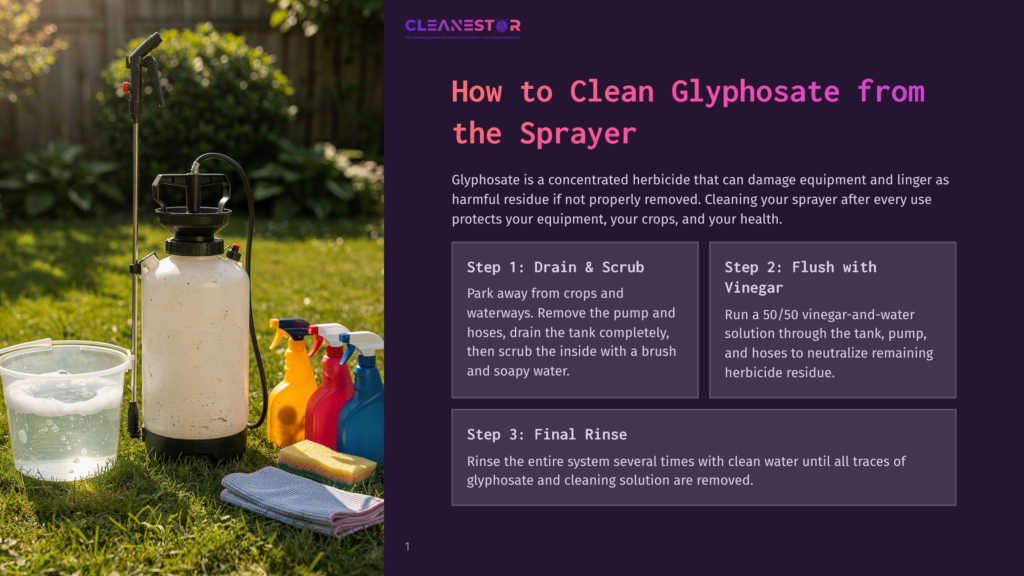 1 How To Clean Glyphosate From The Sprayer A White Pump Sprayer Sits On Green Grass Next To A Clear Bucket Of Water, Colorful Cleaning Bottles, And Sponges, With Text Overlay &Quot;How To Clean Glyphosate From The Sprayer&Quot;.