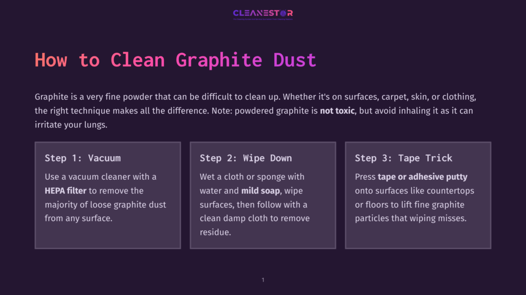 1 How To Clean Graphite Dust Graphic Showing Three Steps To Clean Graphite Dust: Vacuum With Hepa Filter, Wipe With Mild Soap And Water, And Tape Trick. Text Highlights &Quot;How To Clean Graphite Dust&Quot; And &Quot;Not Toxic.