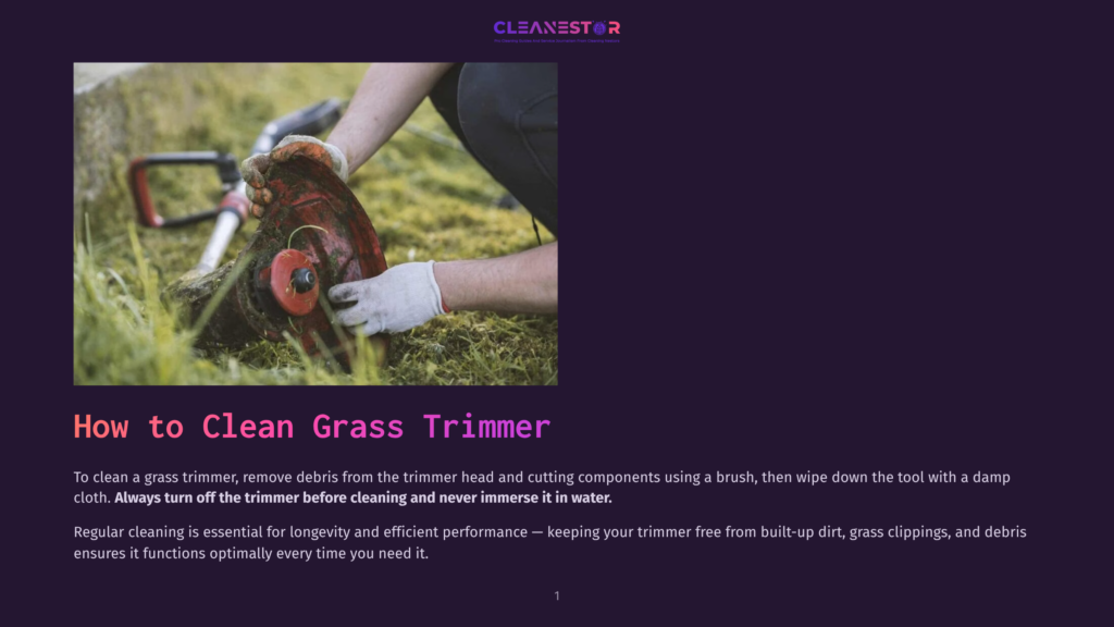 1 How To Clean Grass Trimmer Person In Gloves Cleaning A Red Grass Trimmer With A Brush And Damp Cloth After Use, With Grass Clippings On The Ground.