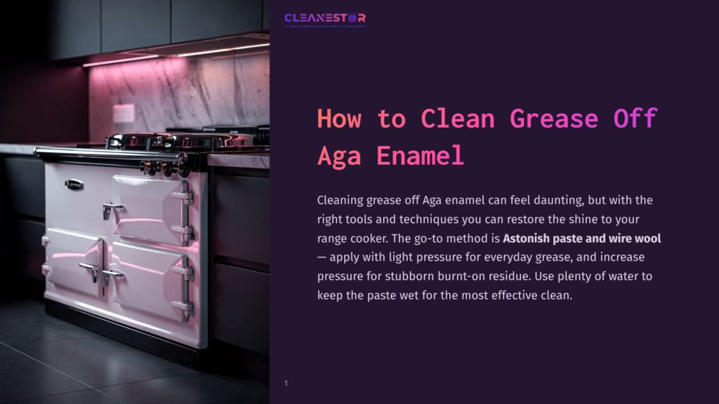 1 How To Clean Grease Off Aga Enamel A White Aga Range Cooker With Chrome Handles Sits In A Modern Kitchen With Dark Cabinets And Pink-Lit Marble Backsplash. Text Reads &Quot;Cleanestor&Quot; And &Quot;How To Clean Grease Off Aga Enamel&Quot;.