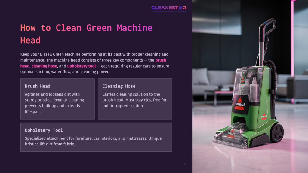 Green Bissell Carpet Cleaner Machine With A Transparent Tank, Showing Brush Head And Cleaning Hose Components For Effective Carpet Cleaning.