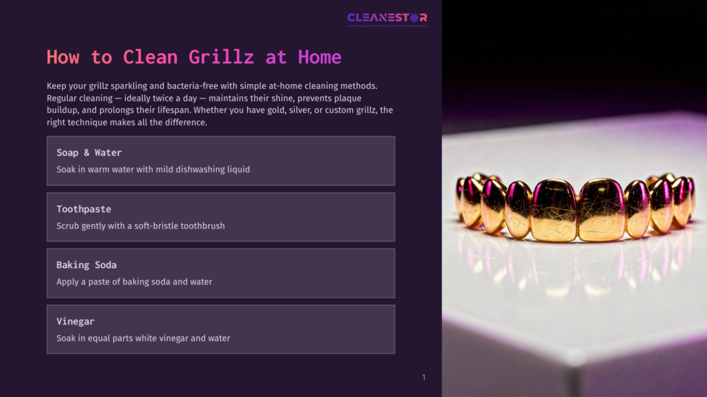 Close-Up Of A Set Of Custom Gold Grillz, Gleaming Under Purple And Pink Studio Lighting, Resting On A White Surface. The Grillz Are Detailed With A Polished Finish.