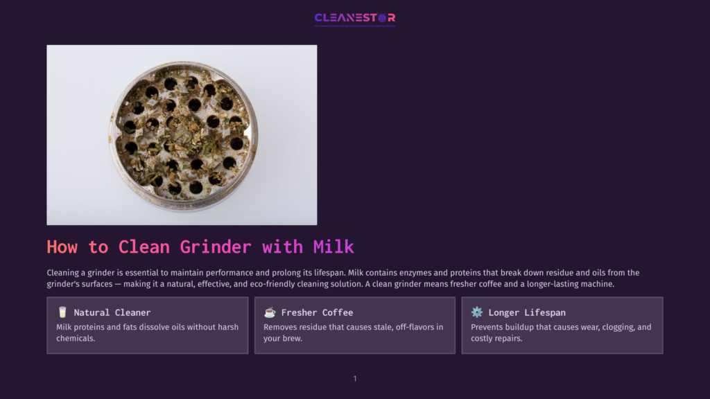 Close-Up Of A Dirty Coffee Grinder With Dried Coffee Grounds And Residue Stuck To The Metal Blades And Interior Surfaces, Illustrating The Need For Cleaning.