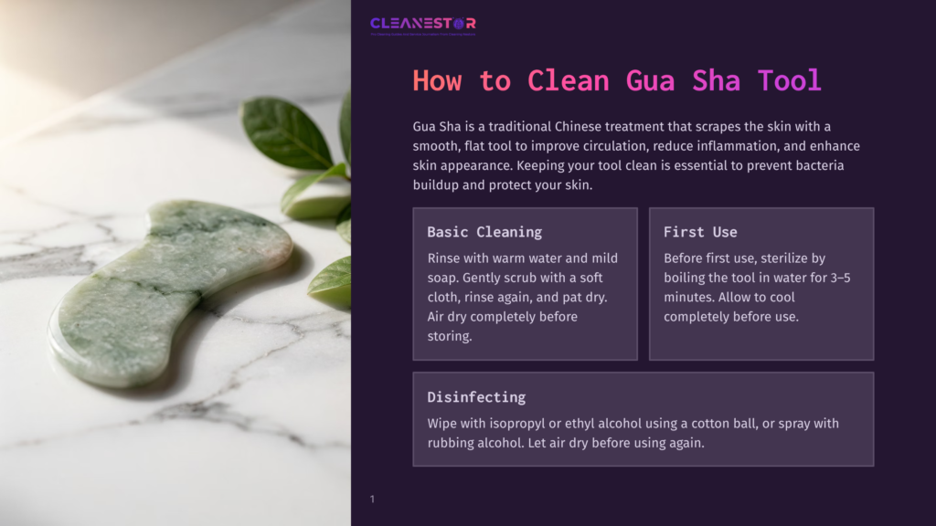1 How To Clean Gua Sha Tool A Green Jade Gua Sha Tool Rests On A Marble Surface Next To Fresh Green Leaves. Text On The Right Explains How To Clean And Use The Gua Sha Tool.