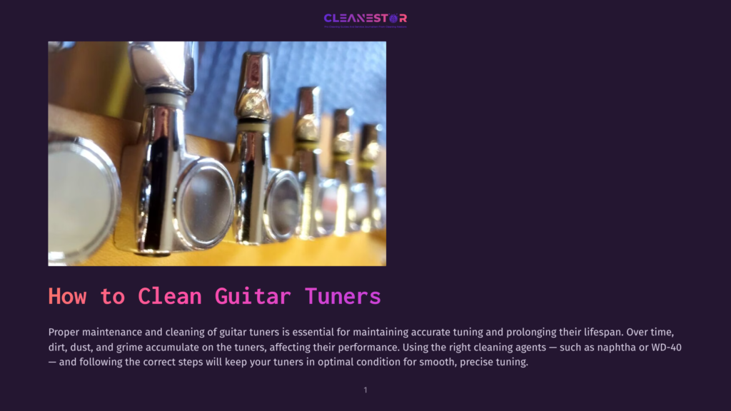 Close-Up Of Shiny Chrome Guitar Tuning Pegs On A Wooden Guitar Headstock. The &Quot;Cleanestor&Quot; Logo Is Visible At The Top.
