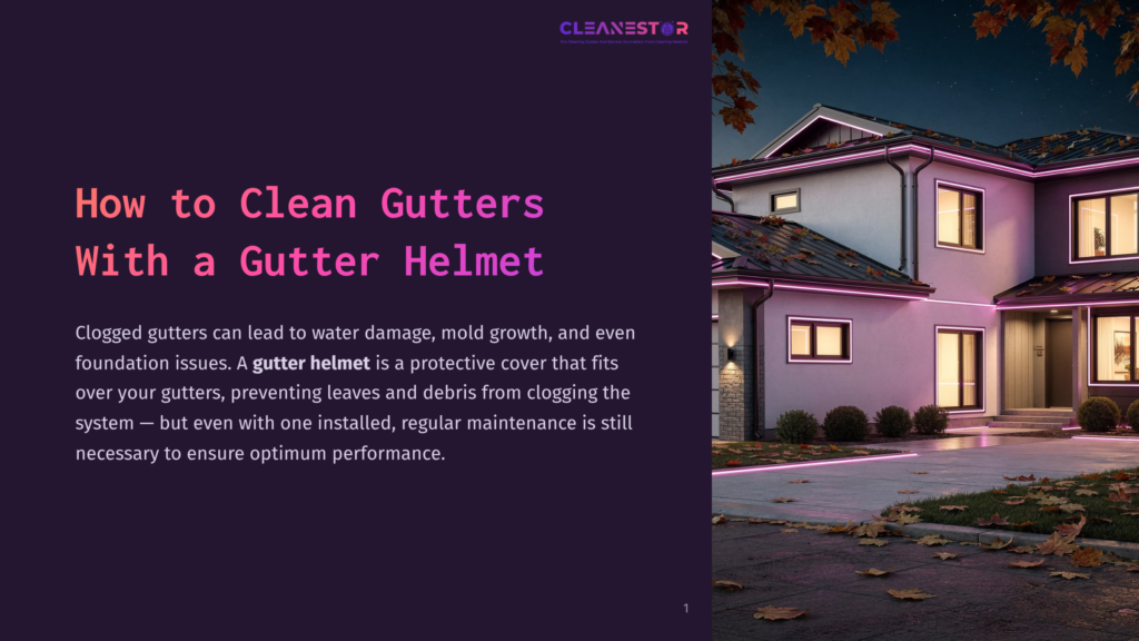 Cleanestor Logo And Text &Quot;How To Clean Gutters With A Gutter Helmet&Quot; On A Dark Purple Background, With A Photo Of A Modern House At Night With Illuminated Gutters On The Right.