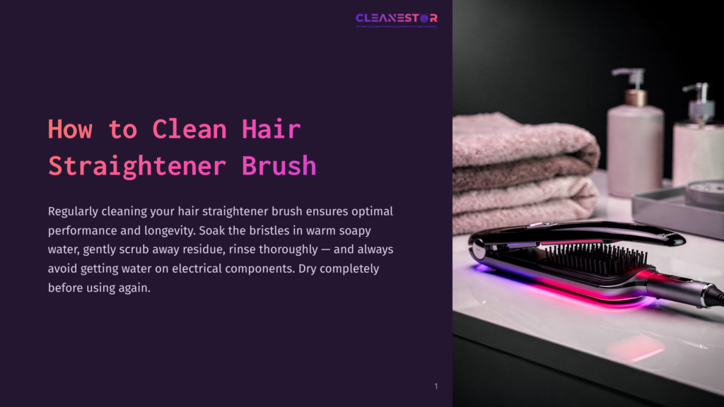 A Black Hair Straightening Brush With Pink And Blue Glowing Bristles Sits On A White Countertop Next To Neatly Folded Pink Towels And Two Soap Dispensers.