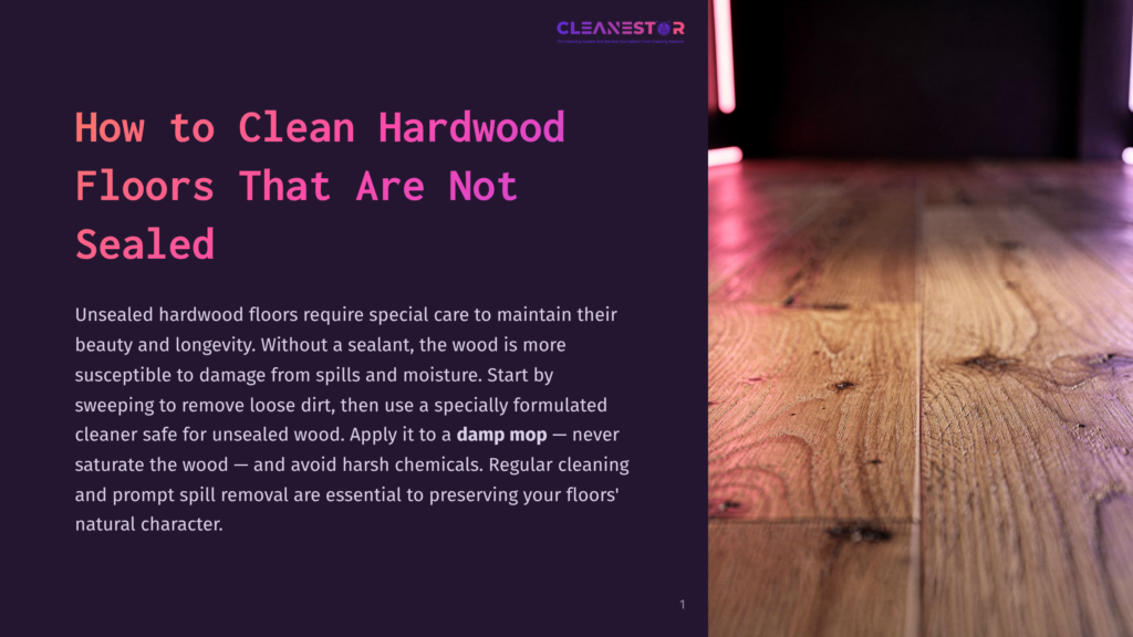 1 How To Clean Hardwood Floors That Are Not Sealed Close-Up Of A Beautiful, Unsealed Hardwood Floor With A Warm, Natural Grain Texture, Illuminated By Soft Lighting. Text Overlay On The Left Reads &Quot;How To Clean Hardwood Floors That Are Not Sealed.