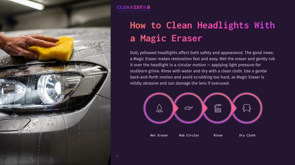 1 How To Clean Headlights With A Magic Eraser Close-Up Of A Hand Using A Yellow Magic Eraser Sponge To Clean A Dull, Yellowed Car Headlight With Water And Suds, Demonstrating How To Clean Headlights.