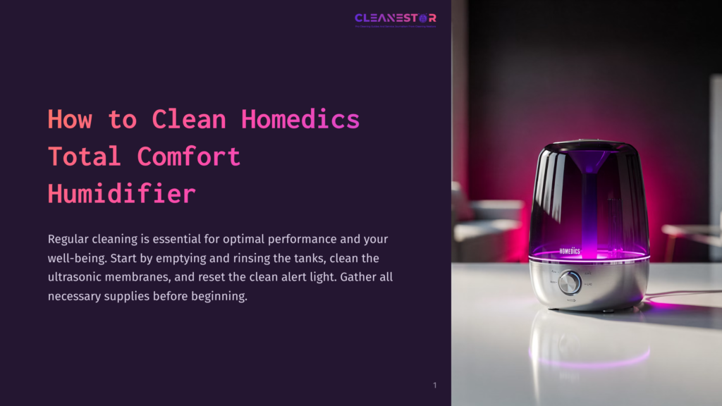 A Sleek, Modern Homedics Total Comfort Ultrasonic Humidifier With A Purple Led Light Glows On A White Surface. The Text &Quot;How To Clean Homedics Total Comfort Humidifier&Quot; Is Visible On The Left.