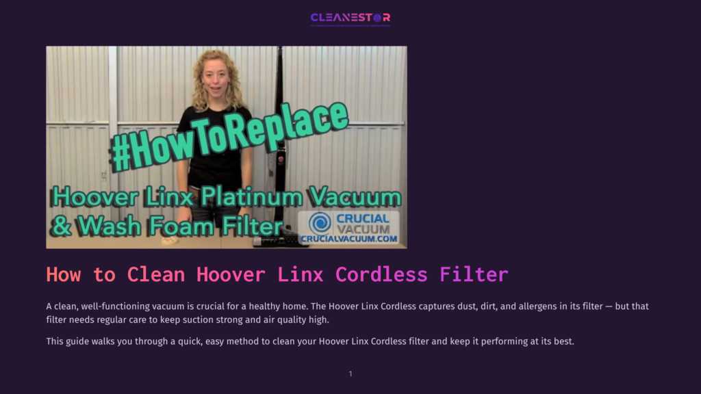 Woman Standing In Front Of A Garage Door, Pointing To A Graphic Overlay On A Video Still That Reads &Quot;#Howtoreplace Hoover Linx Platinum Vacuum &Amp; Wash Foam Filter&Quot; With A Crucial Vacuum Logo.