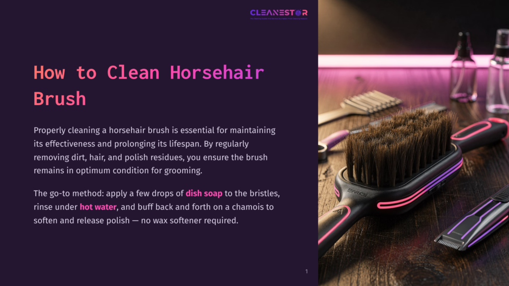 1 How To Clean Horsehair Brush Close-Up Of A Horsehair Brush With A Black And Pink Handle, Resting On A Wooden Surface. Other Grooming Tools And Bottles Are Blurred In The Background.