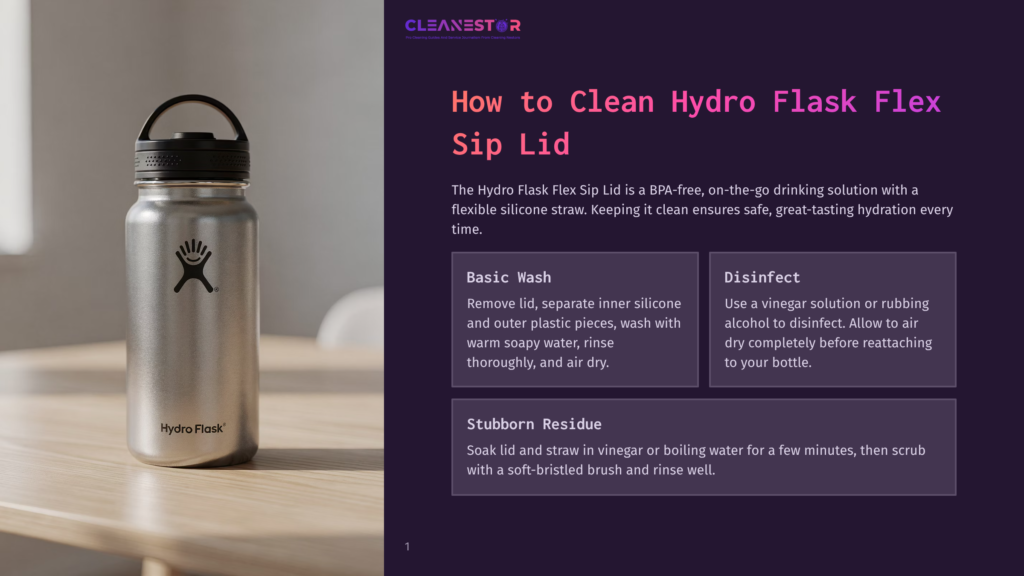 A Hydro Flask Water Bottle With A Black Sip Lid Sits On A Wooden Table, Next To A Graphic Detailing How To Clean And Disinfect It.