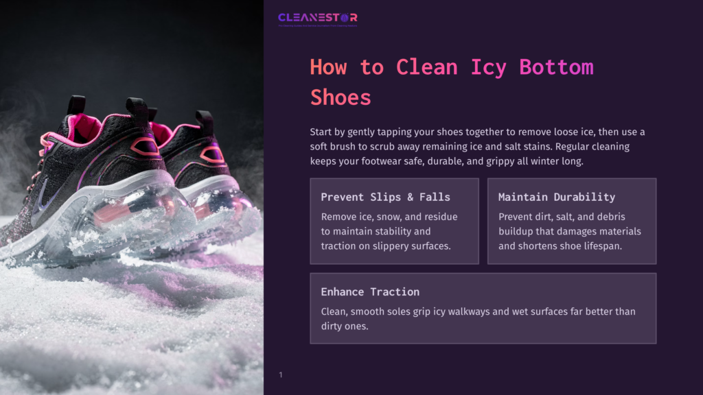 1 How To Clean Icy Bottom Shoes Close-Up Of Black And Pink Winter Shoes With Icy Soles, Surrounded By Snow. Text Overlay Reads &Quot;Cleanestor How To Clean Icy Bottom Shoes&Quot;.