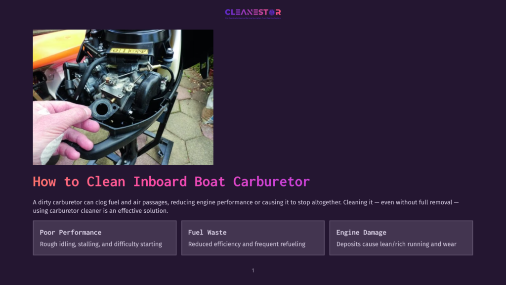 Close-Up Of A Hand Holding A Dirty Carburetor Gasket, With A Boat Engine In The Background, Illustrating How To Clean An Inboard Boat Carburetor.
