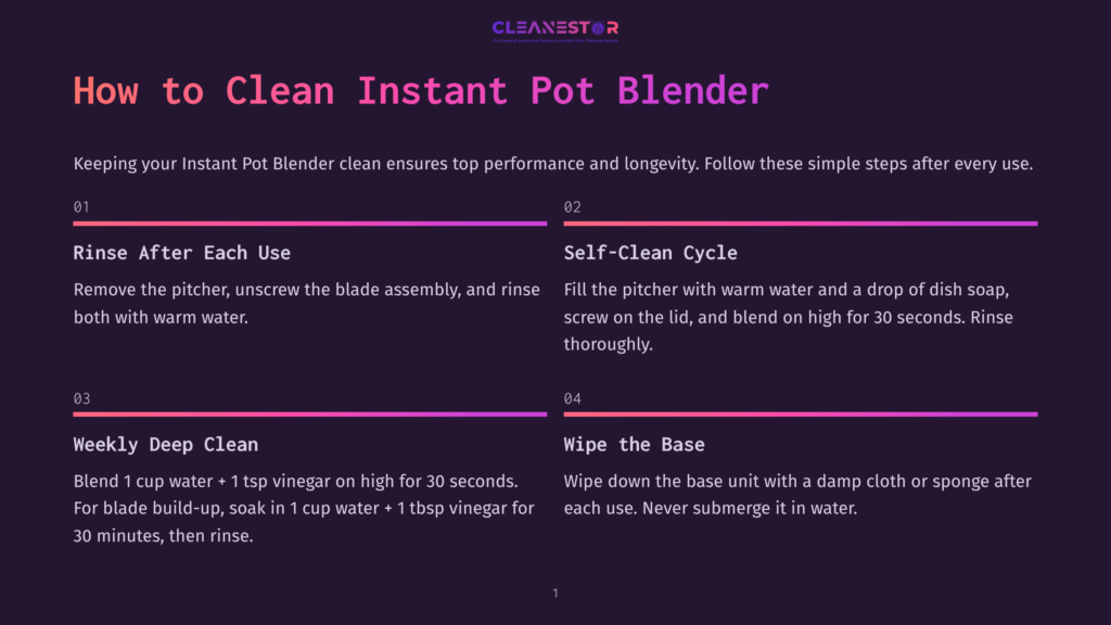 Infographic With The Title &Quot;How To Clean Instant Pot Blender&Quot; Detailing Four Steps: Rinse After Each Use, Self-Clean Cycle, Weekly Deep Clean, And Wipe The Base. The Steps Provide Instructions For Cleaning An Instant Pot Blender.