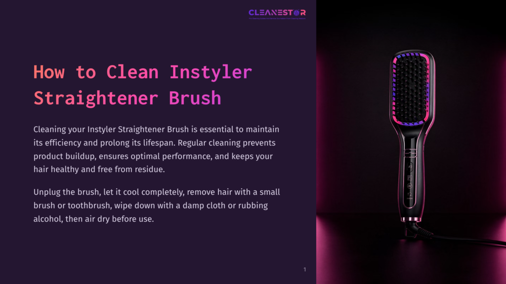 1 How To Clean Instyler Straightener Brush A Sleek Instyler Straightener Brush With Purple And Pink Bristles Sits On A Dark, Reflective Surface With Purple Lighting. Text On The Left Reads &Quot;How To Clean Instyler Straightener Brush.