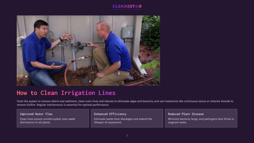 Two Men In Blue Shirts Inspect An Outdoor Irrigation System, With One Pointing To The Pipes And Valves. The Text &Quot;How To Clean Irrigation Lines&Quot; Is Visible.