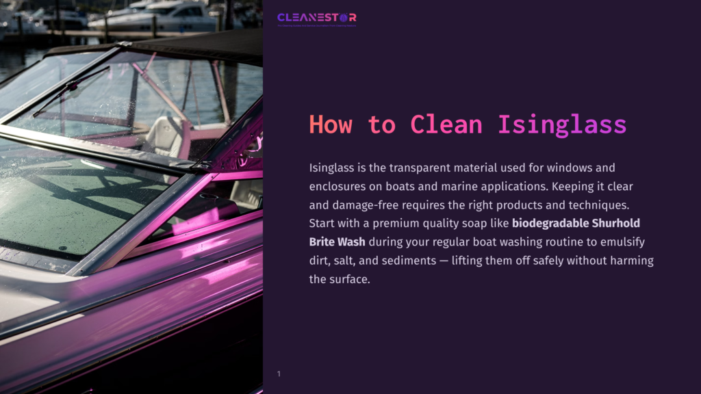 1 How To Clean Isinglass A Close-Up Of The Windshield Of A Pink And White Boat, Titled &Quot;How To Clean Isinglass,&Quot; With A Marina In The Background.
