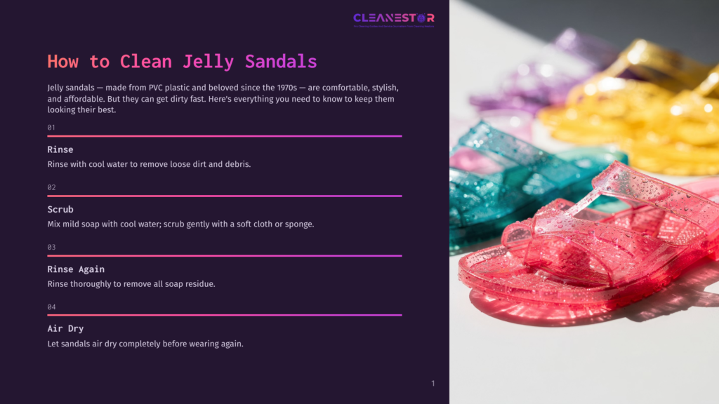 Close-Up Of Colorful, Translucent Jelly Sandals With Water Droplets, Including Pink, Teal, And Yellow. The Focus Is On The Texture And Shine Of The Plastic Material.