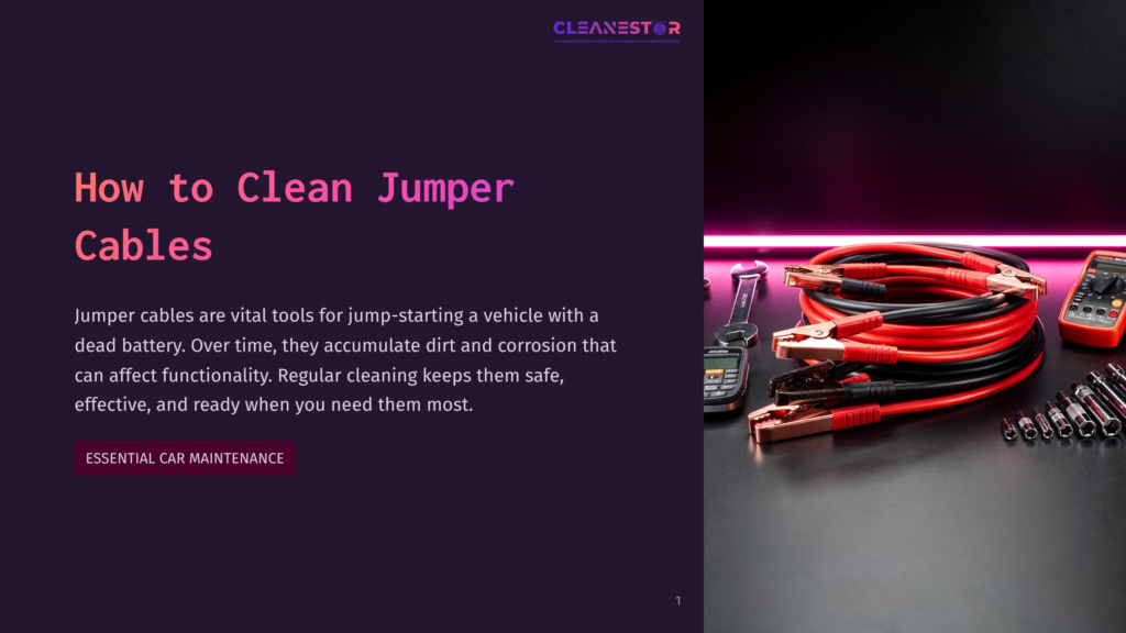 A Coiled Set Of Red And Black Jumper Cables Sits On A Dark Surface, With A Neon Pink Light Illuminating The Background. The Text &Quot;How To Clean Jumper Cables&Quot; Is Prominently Displayed On The Left Side Of The Image.