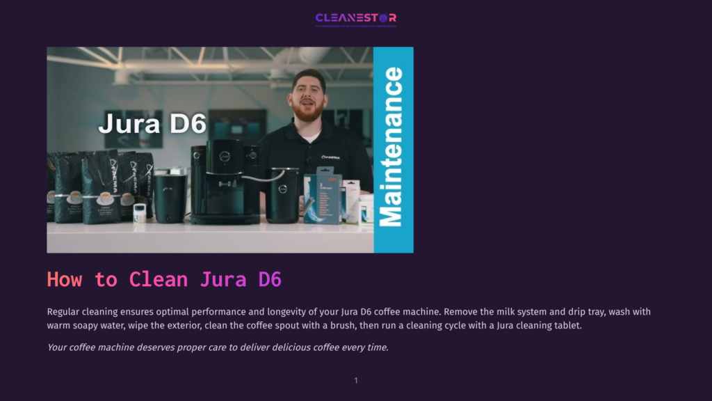 A Man In A Black Polo Shirt Stands In Front Of A Jura D6 Coffee Machine, With Bags Of Jura Coffee Beans And Cleaning Tablets Visible. The Text &Quot;Maintenance&Quot; Appears Vertically On A Blue Background To The Right.