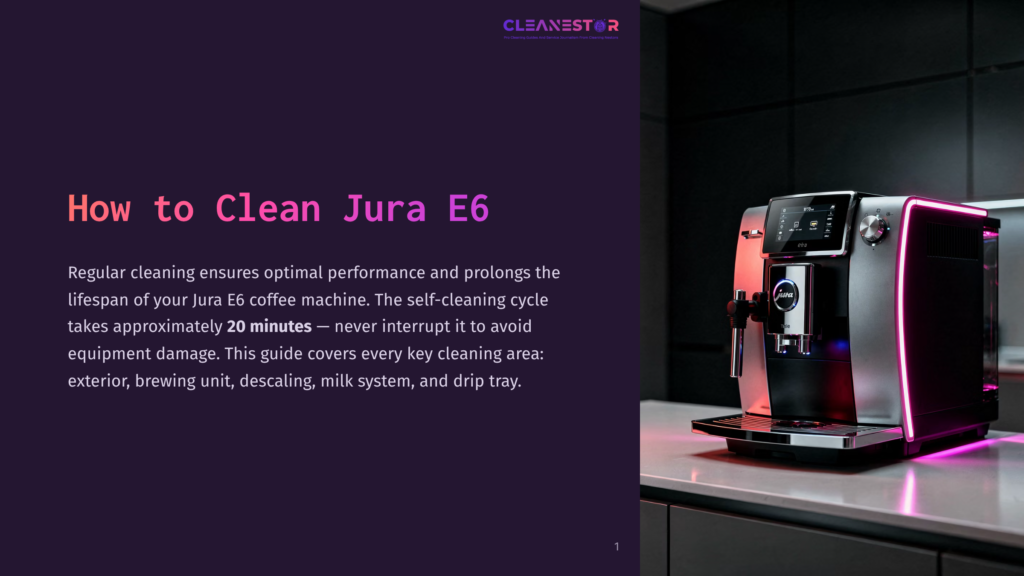 1 How To Clean Jura E6 A Sleek, Modern Jura E6 Coffee Machine With Pink Led Accents Sits On A Kitchen Counter, With The Text &Quot;How To Clean Jura E6&Quot; Overlayed On A Purple Gradient Background.
