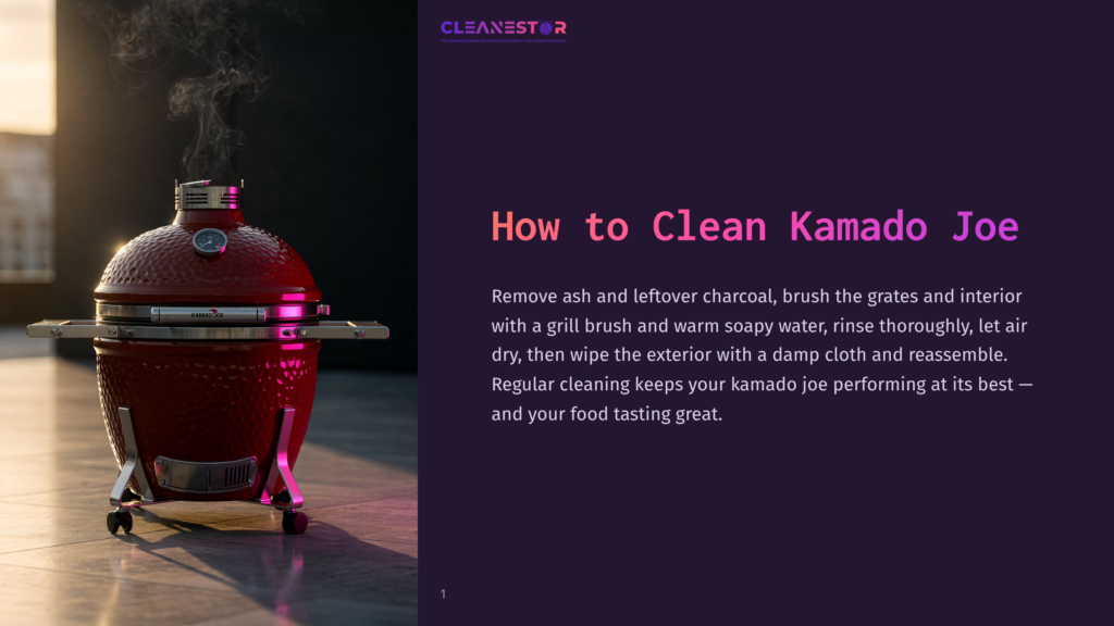 A Bright Red Kamado Joe Grill Sits On A Patio, Emitting Steam From Its Top, With The Text &Quot;Cleanestor&Quot; And &Quot;How To Clean Kamado Joe&Quot; Visible.