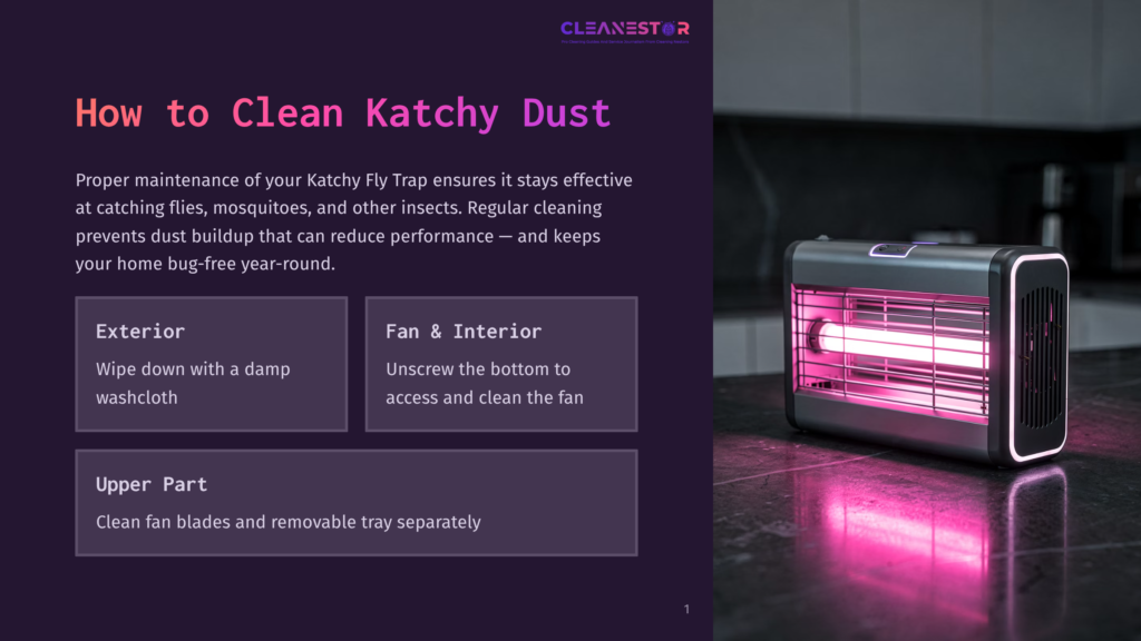 A Black Cleanestor Electric Insect Killer With A Bright Pink Light Sits On A Dark Countertop, Ready To Catch Flies And Other Insects.