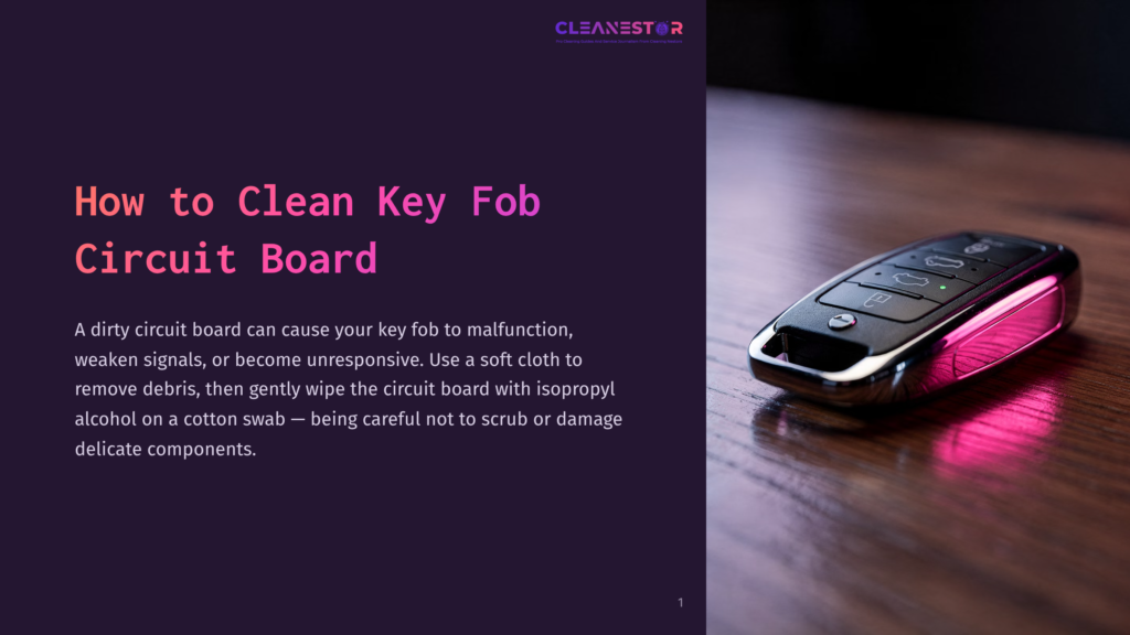 Close-Up Of A Modern Car Key Fob With A Pink Glow On Its Side, Resting On A Wooden Surface. The Image Is Part Of A Guide On How To Clean A Key Fob Circuit Board.