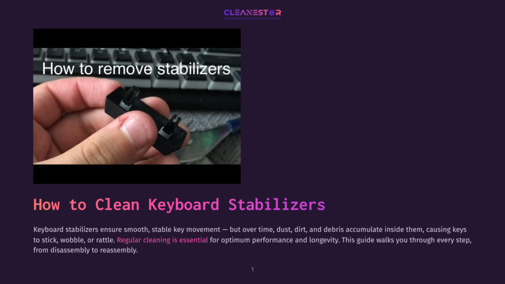 A Hand Holds A Black Keyboard Stabilizer, Emphasizing The Detailed Structure And The Process Of Cleaning It. The Background Is Dark Purple, And A Text Overlay Reads &Quot;How To Remove Stabilizers.