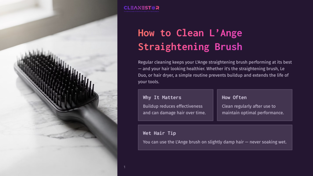 Close-Up Of A Black L'Ange Straightening Brush With Stiff Bristles, Resting On A White Marble Surface With Soft Natural Light.