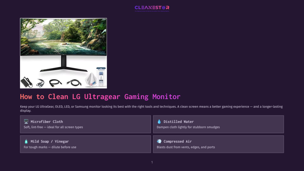Lg Ultragear Gaming Monitor With Lush Jungle Scene Displayed, Surrounded By Cleaning Tools: Microfiber Cloth, Distilled Water, Mild Soap/Vinegar, And Compressed Air. Text Reads &Quot;How To Clean Lg Ultragear Gaming Monitor&Quot;.