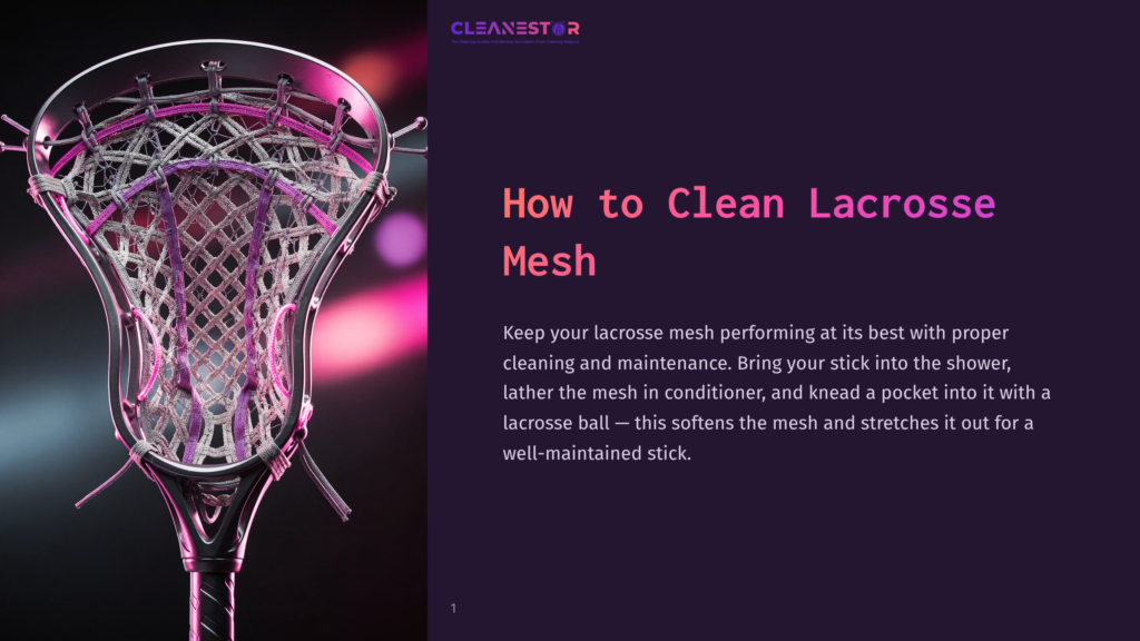 Close-Up Of A Lacrosse Stick Head With Intricate White And Pink Mesh. The Text &Quot;Cleanestor&Quot; And &Quot;How To Clean Lacrosse Mesh&Quot; Are Visible.