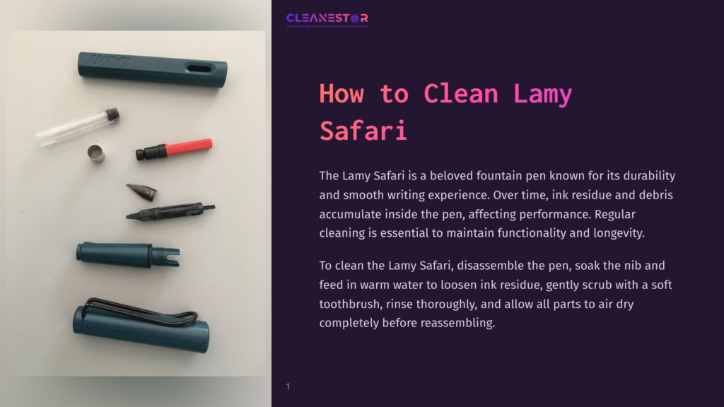 Cleanestor Logo And Text: &Quot;How To Clean Lamy Safari&Quot; Fountain Pen Disassembled Into Parts For Cleaning, Including Barrel, Nib, And Converter.
