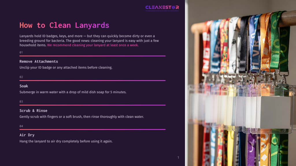 Multiple Colorful Lanyards Hanging On A Wooden Rack, Each Displaying An Id Badge And A Keychain. The Background Features A Clean, Minimalist Setting.