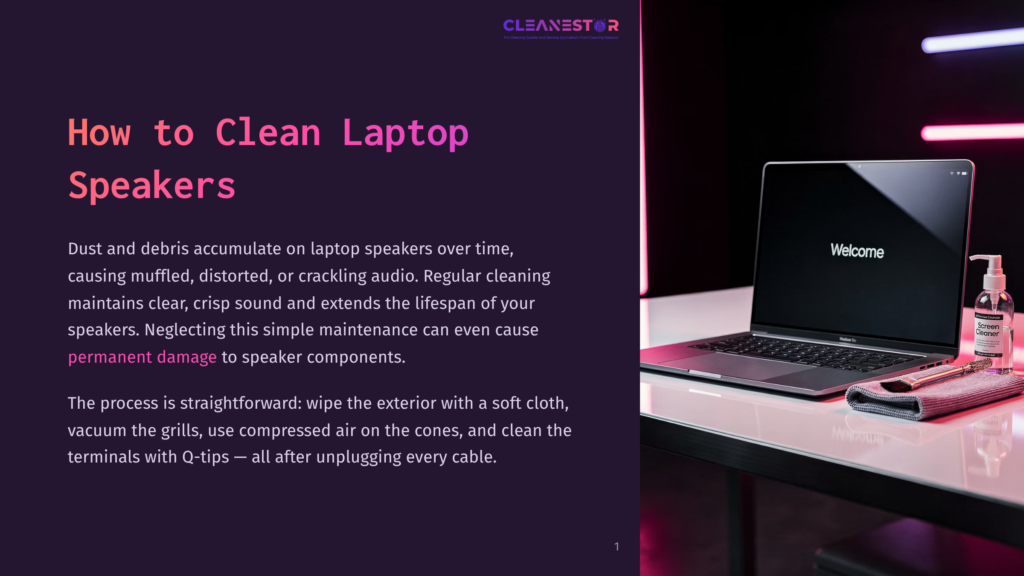 A Laptop Speaker Cleaning Guide, With Text &Quot;How To Clean Laptop Speakers&Quot; And A Laptop, Cleaning Spray, And Brush On A Desk.