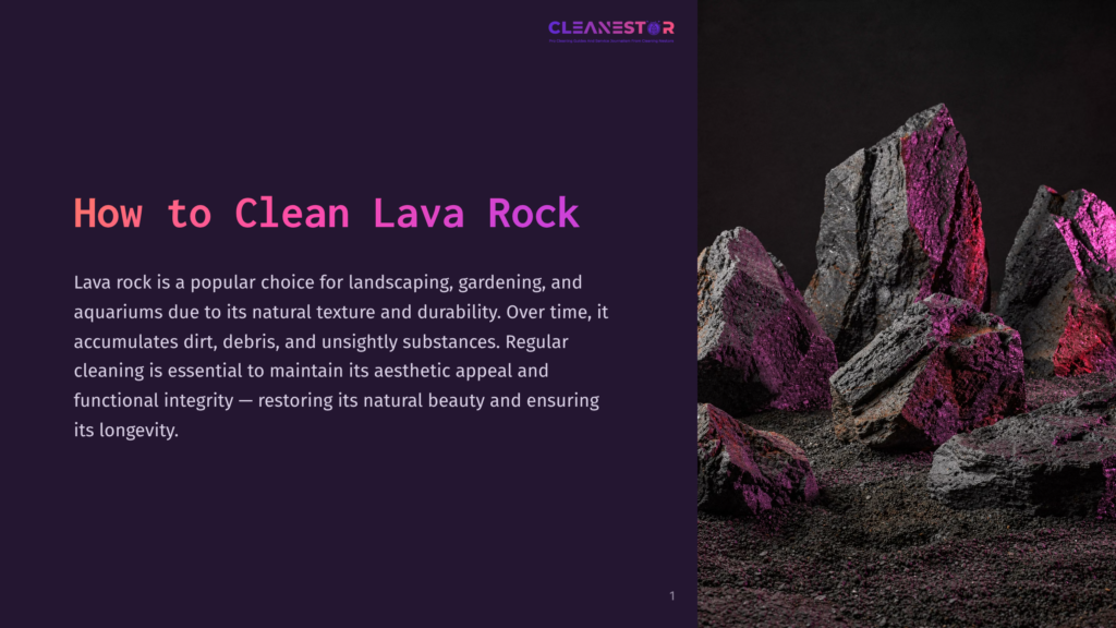 Close-Up Of Rough, Dark Lava Rocks, Some Illuminated With Vibrant Pink And Purple Light, Set Against A Dark, Textured Background. The Text &Quot;How To Clean Lava Rock&Quot; Is Visible On The Left.