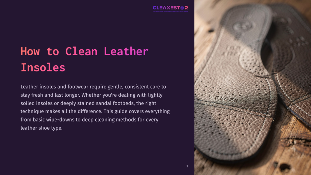 Close-Up Of Two Leather Insoles, One Showing Detailed Perforations For Breathability, Resting On A Rustic Wooden Surface. The Insoles Are A Warm Brown Color.
