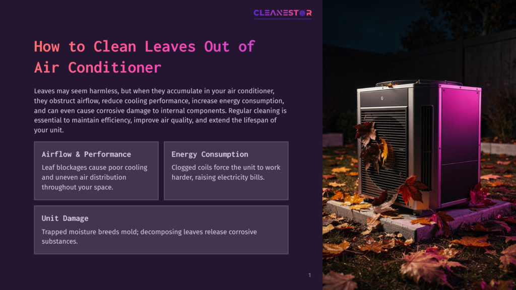 Outdoor Air Conditioner Unit Covered In Fallen Leaves, With Text Overlay: &Quot;Cleanestor: Pro Cleaning Solutions For A Comfortable Home&Quot;.