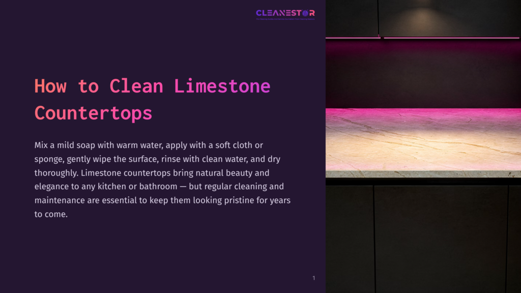 Cleanestor Logo At The Top Of A Dark Purple Slide With Text &Quot;How To Clean Limestone Countertops&Quot; And Cleaning Instructions. A Pink And Purple Neon Light Glows Behind A Polished Limestone Countertop In The Lower Right.