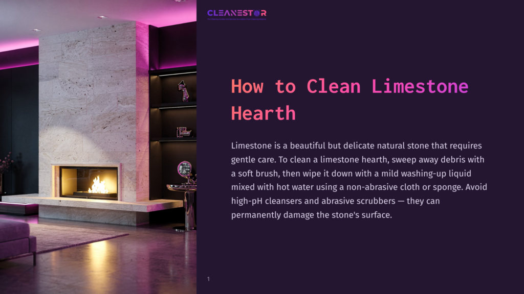 A Modern Living Room With A Lit Limestone Hearth And Fireplace. The Text &Quot;How To Clean Limestone Hearth&Quot; Is Overlaid On The Right Side Of The Image.