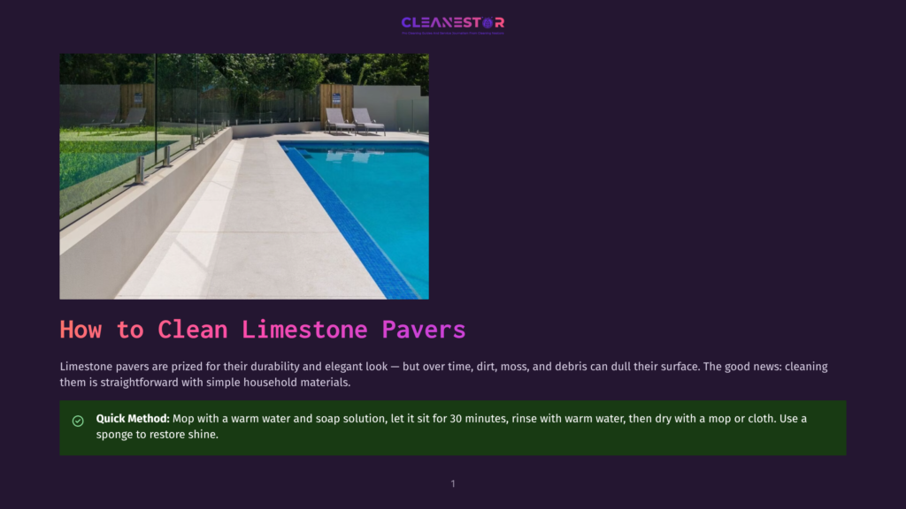 A Clean, Bright Swimming Pool Area With Polished Limestone Pavers, Lounge Chairs, And Lush Green Landscaping. The Text &Quot;How To Clean Limestone Pavers&Quot; Is Prominently Displayed.